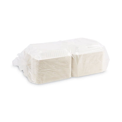 Bagasse Food Containers, Hinged-lid, 3-compartment 9 X 9 X 3.19, White, Sugarcane, 100/sleeve, 2 Sleeves/carton