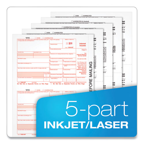 1099-int Tax Forms For Inkjet/laser Printers, Fiscal Year: 2023, Five-part Carbonless, 8 X 5.5, 2 Forms/sheet, 24 Forms Total