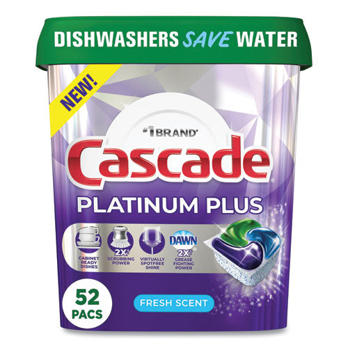 Platinum Plus Actionpacs Dishwasher Detergent Pods, Fresh Scent, 28.4 Oz Tub, 52/tub, 3 Tubs/carton