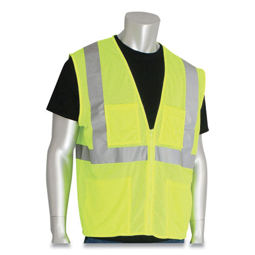 Ansi Class 2 Four Pocket Zipper Safety Vest, Polyester Mesh, Large, Hi-viz Lime Yellow