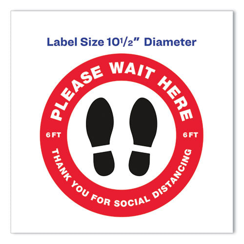 Social Distancing Floor Decals, 10.5" Dia, Please Wait Here, Red/white Face, Black Graphics, 5/pack