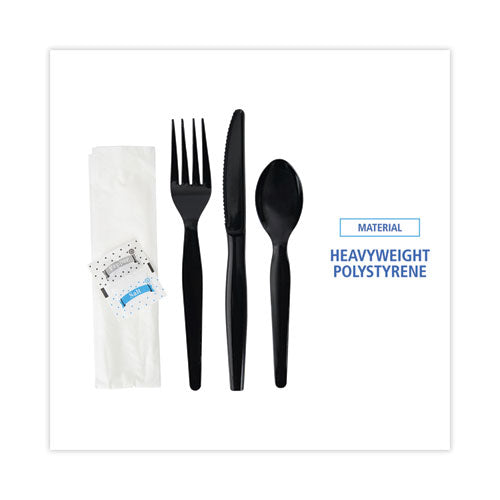 Six-piece Cutlery Kit, Condiment/fork/knife/napkin/spoon, Heavyweight, Black, 250/carton