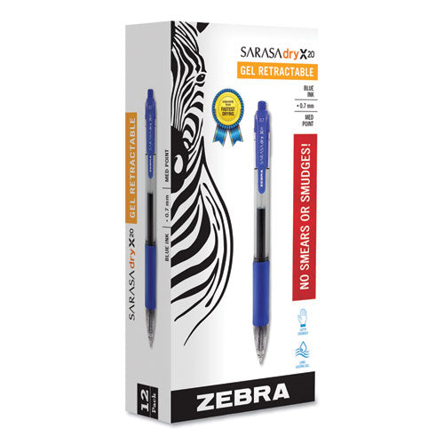 Sarasa Dry Gel X20 Gel Pen, Retractable, Medium 0.7 Mm, Blue Ink, Clear/blue Barrel, 12/pack