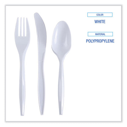 Three-piece Cutlery Kit, Fork/knife/teaspoon, Polypropylene, White, 250/carton