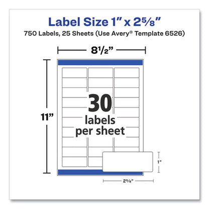 Glossy White Easy Peel Mailing Labels W/ Sure Feed Technology, Laser Printers, 1 X 2.63, White, 30/sheet, 25 Sheets/pack