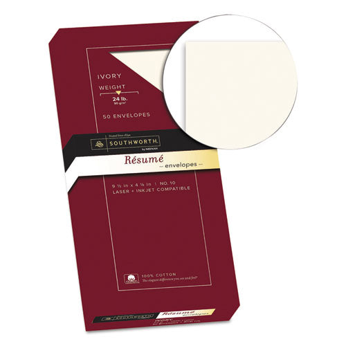 100% Cotton Resume Envelope, #10, Commercial Flap, Gummed Closure, 4.13 X 9.5, Ivory, 50/box