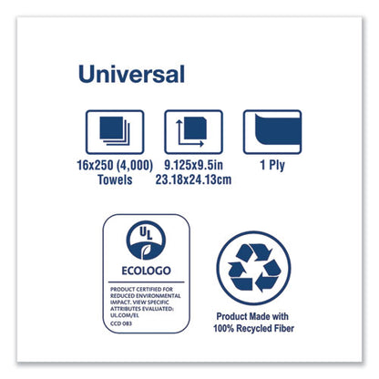 Universal Multifold Hand Towel, 1-ply, 9.13 X 9.5, White, 250/pack,16 Packs/carton