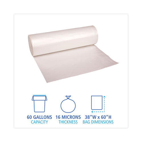 High Density Industrial Can Liners Coreless Rolls, 60 Gal, 16 Microns, 38 X 60, Natural, 25 Bags/roll, 8 Rolls/carton