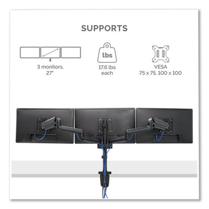 Platinum Series Triple Monitor Arm For 27" Monitors, 360 Deg Rotation, +85/-20 Deg Tilt, 360 Deg Pan, Black, Supports 20 Lb