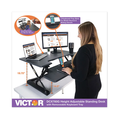 High Rise Height Adjustable Standing Desk With Keyboard Tray, 36" X 31.25" X 5.25" To 20", Gray/black