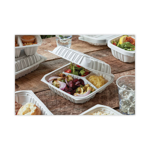 Earthchoice Vented Microwavable Mfpp Hinged Lid Container, 3-compartment, 8.5 X 8.5 X 3.1, White, Plastic, 146/carton