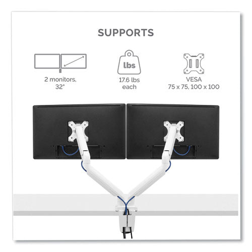 Platinum Series Dual Monitor Arm, For 27" Monitors, 360 Deg Rotation, 45 Deg Tilt, 180 Deg Pan, White, Supports 20 Lb