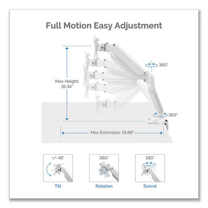 Platinum Series Dual Monitor Arm, For 27" Monitors, 360 Deg Rotation, 45 Deg Tilt, 180 Deg Pan, White, Supports 20 Lb