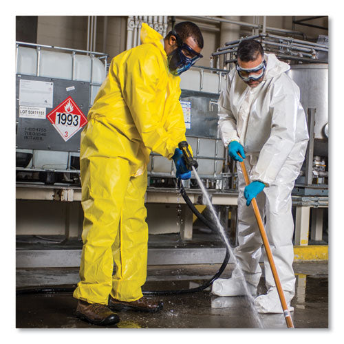 A70 Chemical Spray Protection Coveralls, Hooded, Storm Flap, Large, Yellow, 12/carton