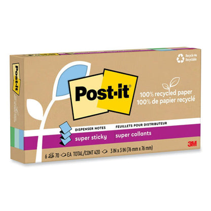 100% Recycled Paper Super Sticky Notes, 3" X 3", Oasis, 70 Sheets/pad, 6 Pads/pack