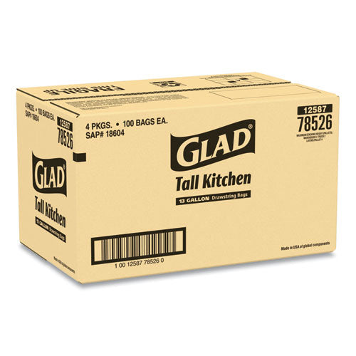 Tall Kitchen Drawstring Trash Bags, 13 Gal, 0.72 Mil, 24" X 27.38", Gray, 100 Bags/box, 4 Boxes/carton