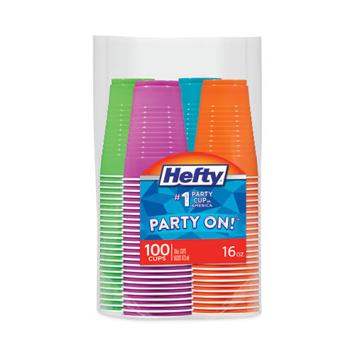 Easy Grip Disposable Plastic Party Cups, 16 Oz, Assorted Colors, 100/pack