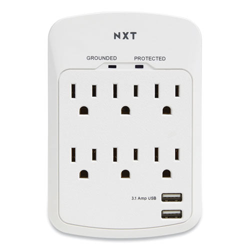 Wall-mount Surge Protector, 6 Ac Outlets/2 Usb Ports, 1,200 J, White