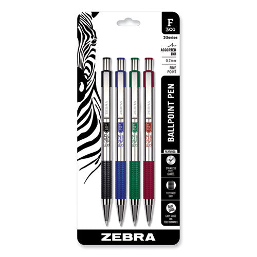F-301 Ballpoint Pen, Retractable, Fine 0.7 Mm, Assorted Ink And Barrel Colors, 4/pack