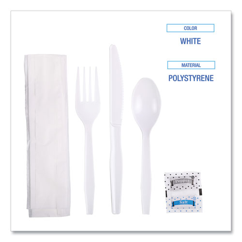 Six-piece Cutlery Kit, Condiment/fork/knife/napkin/teaspoon, White, 250/carton