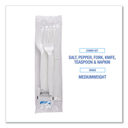 Six-piece Cutlery Kit, Condiment/fork/knife/napkin/teaspoon, White, 250/carton