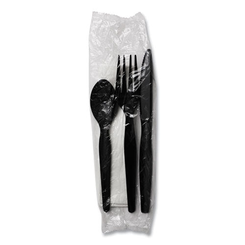 Four-piece Cutlery Kit, Fork/knife/napkin/teaspoon, Heavyweight, Black, 250/carton