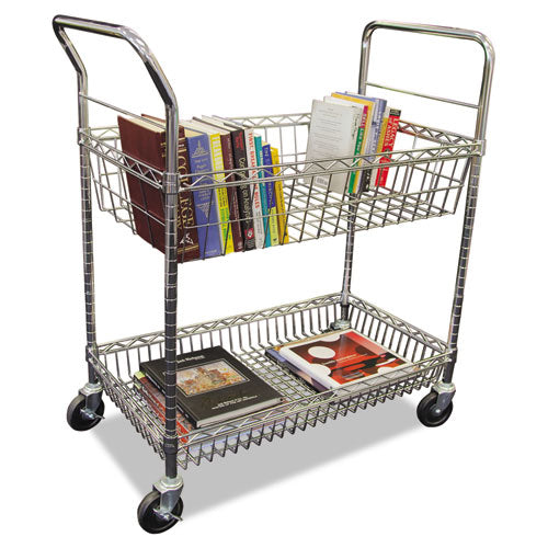 Carry-all Mail Cart, Metal, 1 Shelf, 1 Bin, 34.88" X 18" X 39.5", Silver