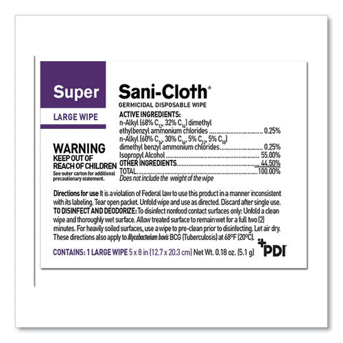 Super Sani-cloth Individually Wrapped Germicidal Disposable Wipes, Large, 1-ply, 5 X 8, Unscented, White, 50/pack