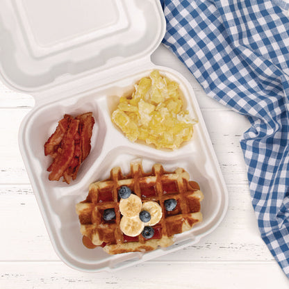 Compostable Fiber Hinged Trays, Proplanet Seal, 3-compartment, 8.03 X 8.4 X 1.93, Ivory, Molded Fiber, 200/carton