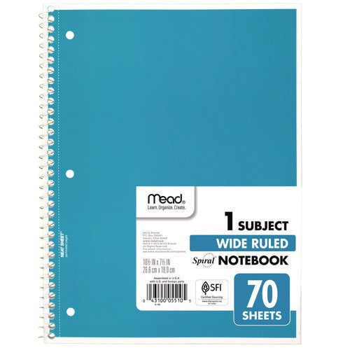 Spiral Notebook, 1-subject, Wide/legal Rule, Randomly Assorted Cover Color, (70) 8 X 10.5 Sheets, 4/pack