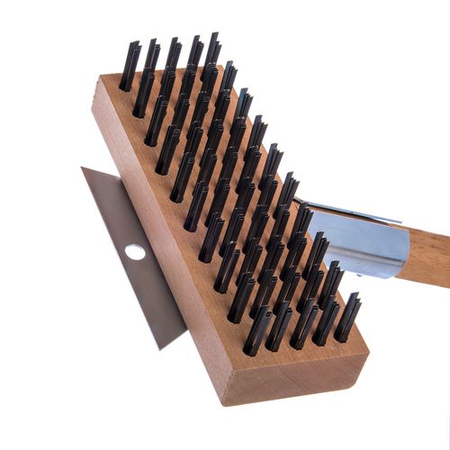 Sparta Broiler Master Grill Brush And Scraper With Handle, Metal Bristles, 30", Natural Wood Handle