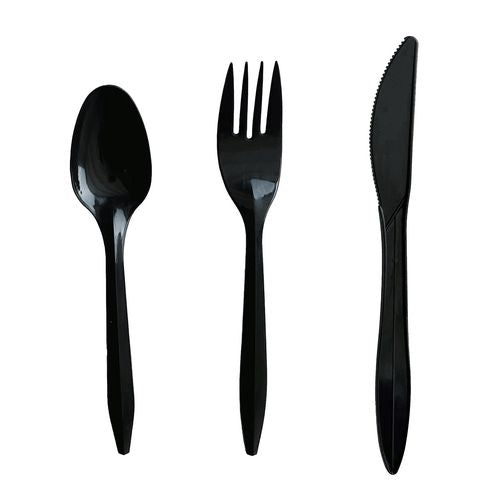 Three-piece Cutlery Kit, Fork/knife/teaspoon, Polystyrene, Black, 250/carton