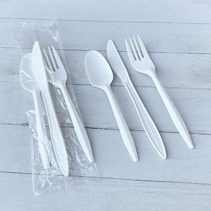 Three-piece Cutlery Kit, Fork/knife/teaspoon, Mediumweight, White, 250/carton