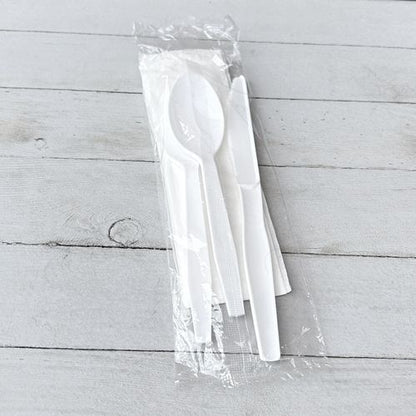 Four-piece Cutlery Kit, Fork/knife/napkin/teaspoon, Mediumweight, Polystyrene, White, 250/carton