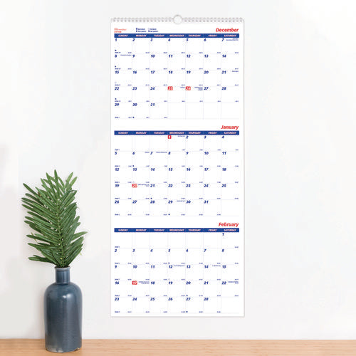 Three-month Wall Calendar, 12.25" X 27", White/blue Sheets, 14-months: Dec 2024 To Jan 2026