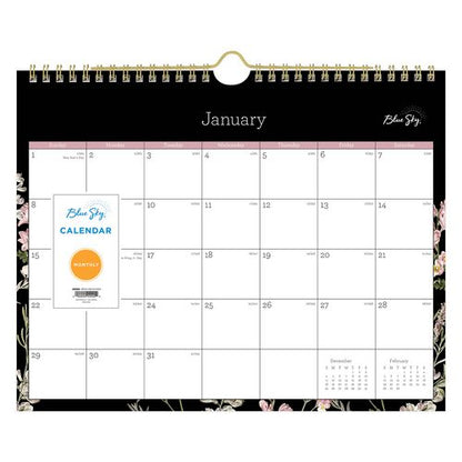 Neveah Monthly Wall Calendar, Floral Artwork, 11" X 8.75", White/black/pink Sheets, 12-month (jan To Dec): 2025