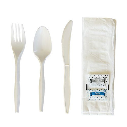 Six-piece Cutlery Kit, Fork/knife/teaspoon/napkin/pepper/salt, White, 1,000/carton