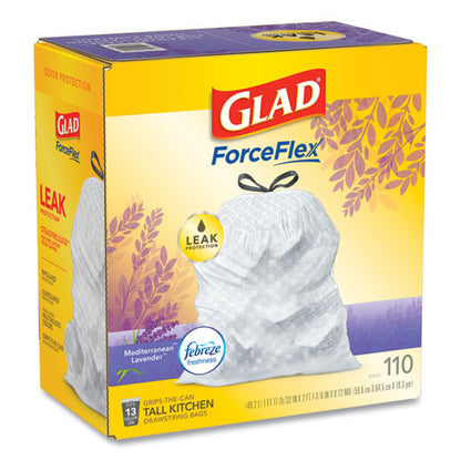 Glad Odorshield With Febreze, Drawstring, 13 Gal, Mediterranean Lavender Scent, 10.18" X 9.81", White, 110/box