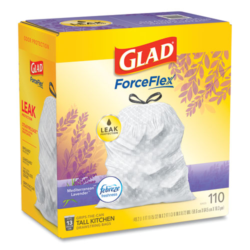 Glad Odorshield With Febreze, Drawstring, 13 Gal, Mediterranean Lavender Scent, 10.18" X 9.81", White, 110/box