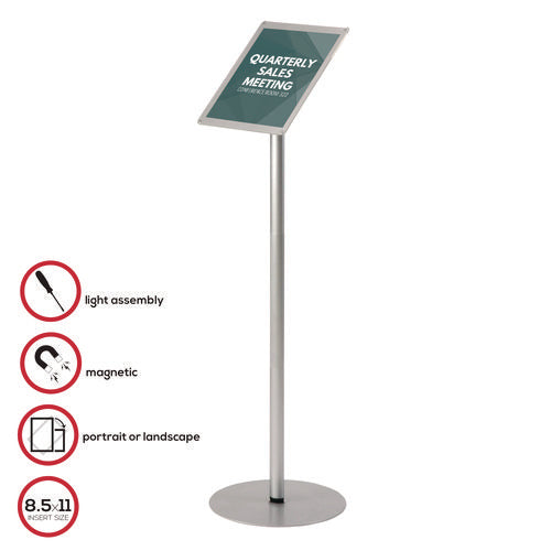 Floor Sign Display With Rear Literature Pocket, 8.5 X 11 Insert, 45" Tall, Silver