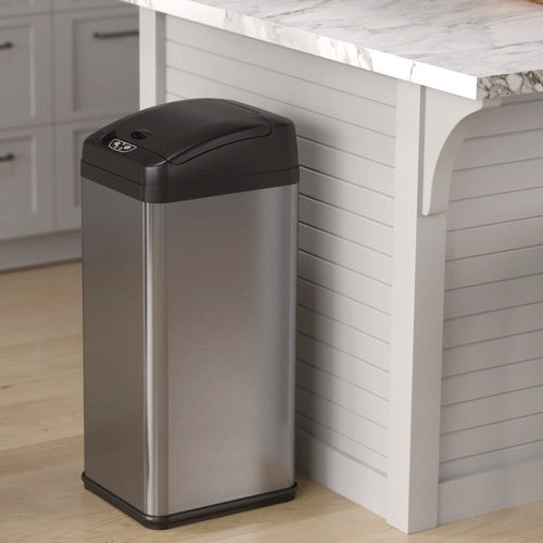 Sensor Trash Can, Rectangular, 13 Gal, Plastic/stainless Steel, Silver