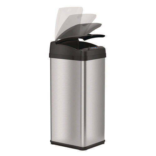 Sensor Trash Can, Rectangular, 13 Gal, Plastic/stainless Steel, Silver