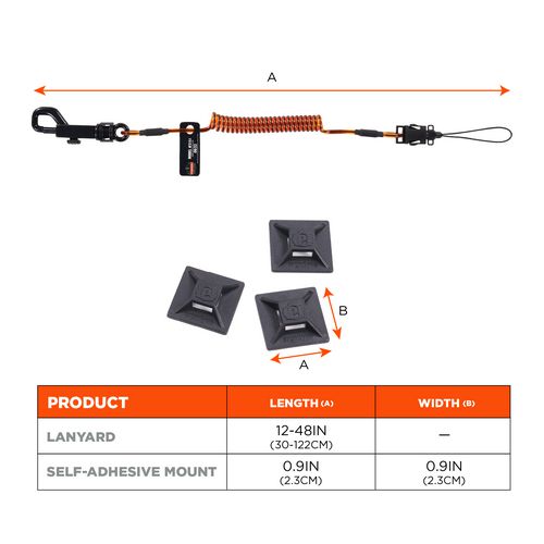 Squids 3151 Coil Lanyard Swivel Hook/detachable Loop, Mini Adhesive Mount, 2 Lb Max Working Capacity, 12" Long, Black/orange