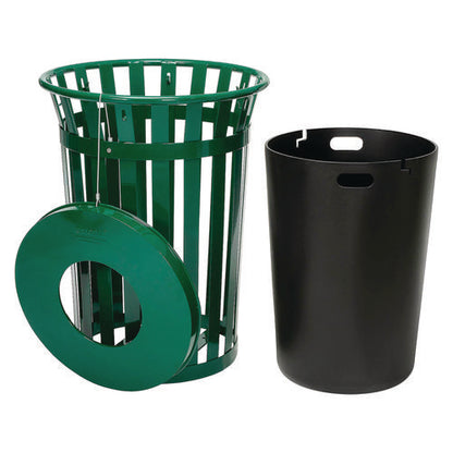 Outdoor Slatted Steel Trash Can, 36 Gal, Green