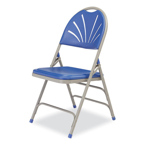 1100 Series Deluxe Fan-back Tri-brace Folding Chair, Supports Up To 500 Lb, Blue Seat, Blue Back, Gray Base, 4/carton