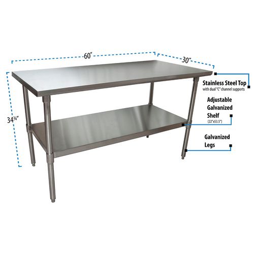 Stainless Steel Flat Top Work Tables, 60w X 30d X 36h, Silver, 2/pallet