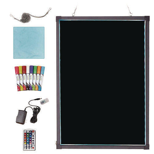 Led Illuminated Hanging Message Writing Board, 23.6" X 31.5", Black Surface, Black Aluminum Frame