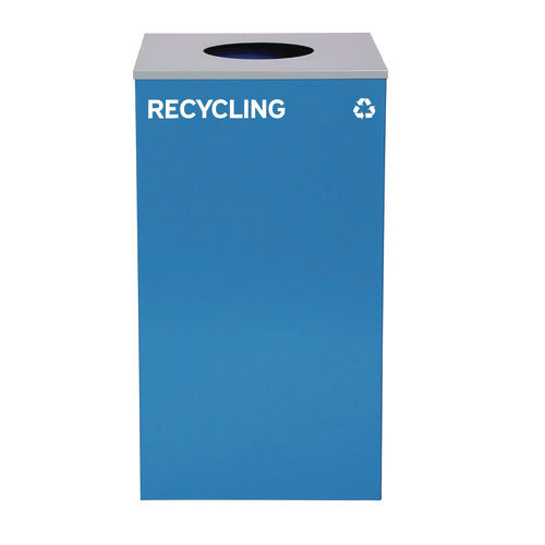 29 Gallon Trash/recycling Cans, Steel, Blue Recycling Can W/circle Lid, Green Recycling Can And Black Trash Can W/square Lids