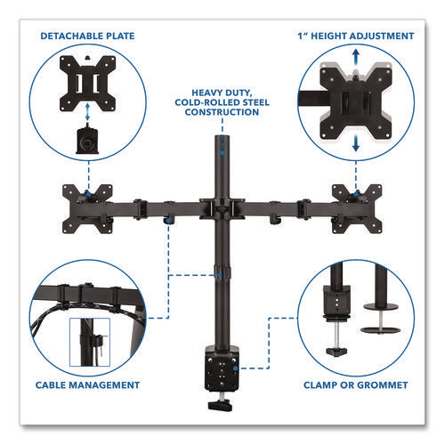 Full Motion Dual Monitor Desktop Mount, For 17" To 27" Monitors, 360 Degree Rotation, +/-90 Degree Tilt, Black, Supports 22lb