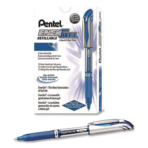 Energel Deluxe Gel Pen, Stick, Medium 0.7 Mm, Blue Ink, Silver/blue Barrel, Dozen